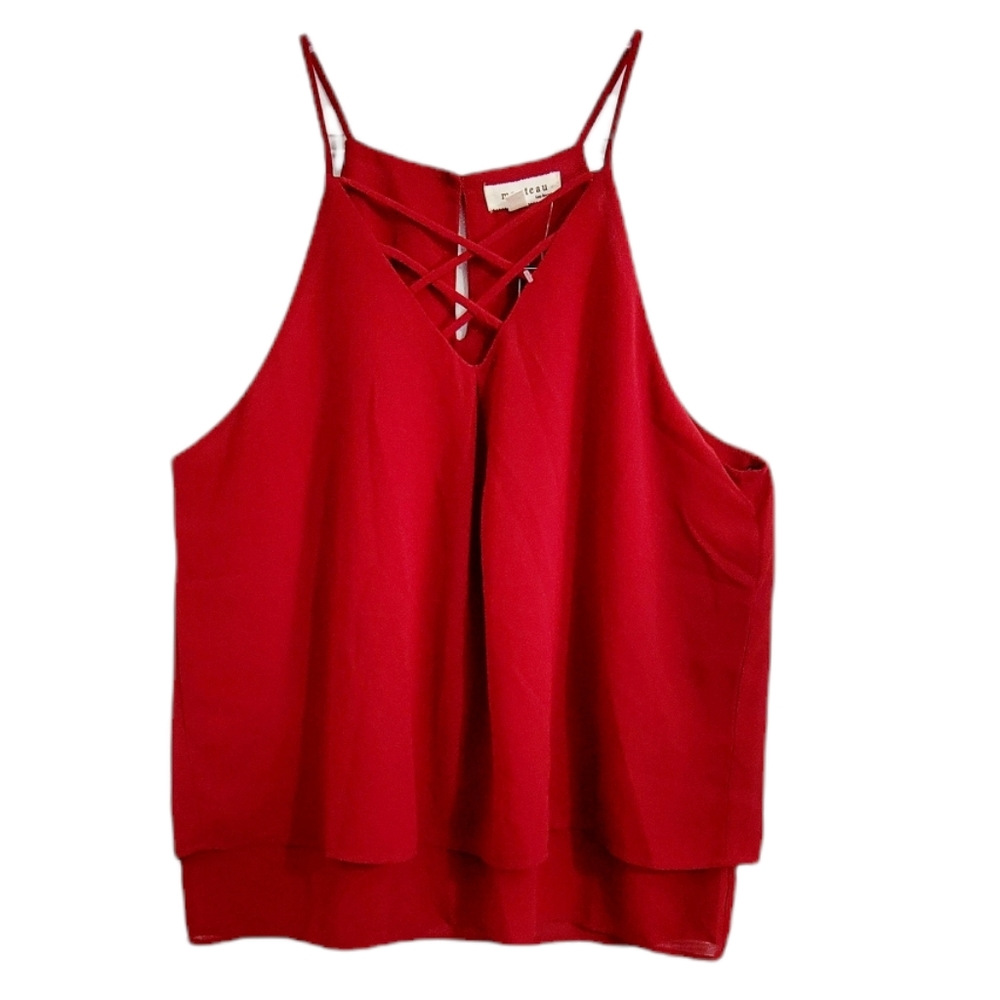 Monteau Red Keyhole Back Cross Strap V-Neck Layered Top Size L